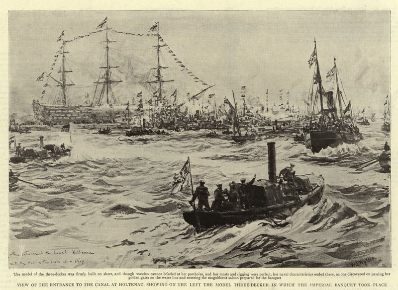 Ansicht des Eingangs zum Kanal in Holtenau, links das Modell eines Dreideckers, in dem das Kaiserliche Bankett stattfand von William Lionel Wyllie