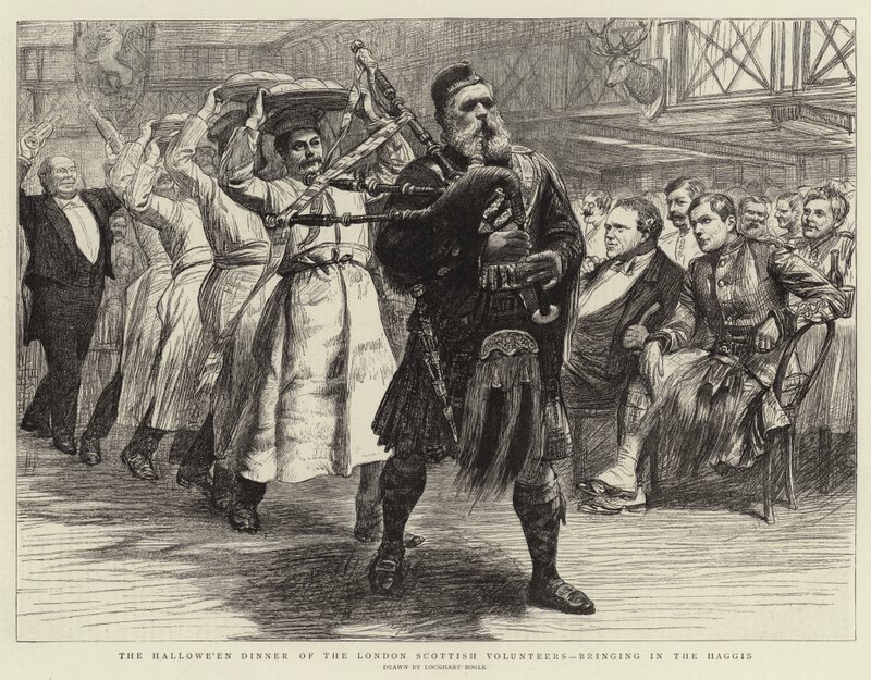 Das Halloween-Dinner der London Scottish Volunteers, das Haggis wird hereingebracht von William Lockhart Bogle