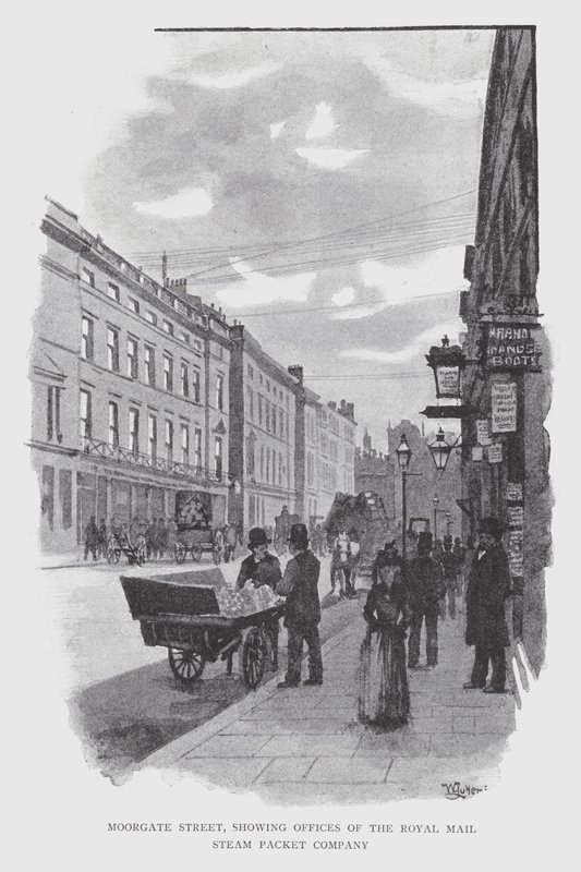 Moorgate Street, zeigt Büros der Royal Mail Steam Packet Company von William Luker