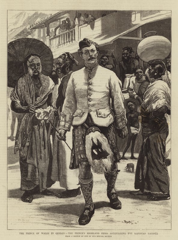 Der Prinz von Wales in Ceylon, der Highland Piper des Prinzen erstaunt die Kandyan-Einheimischen von William Small