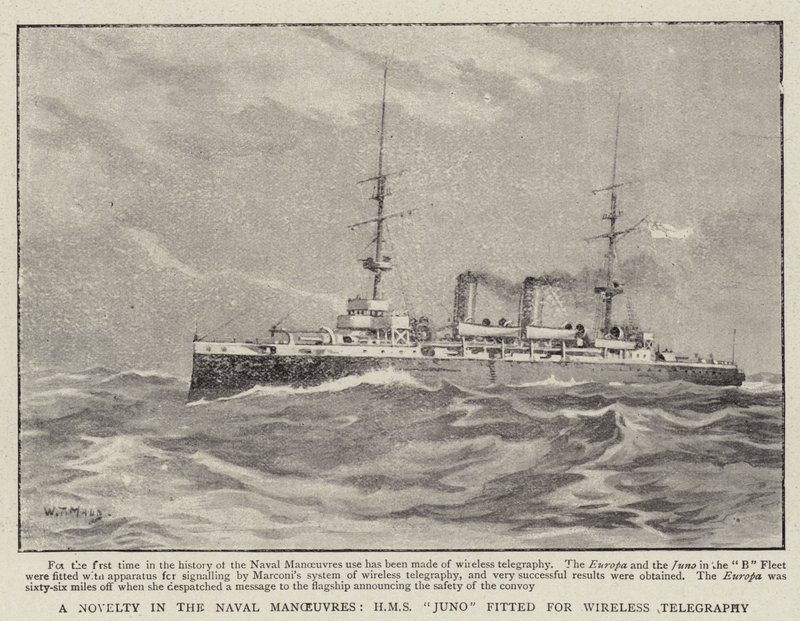 Eine Neuheit in den Marine-Manövern, H.M.S. Juno für drahtlose Telegrafie ausgestattet von William T. Maud