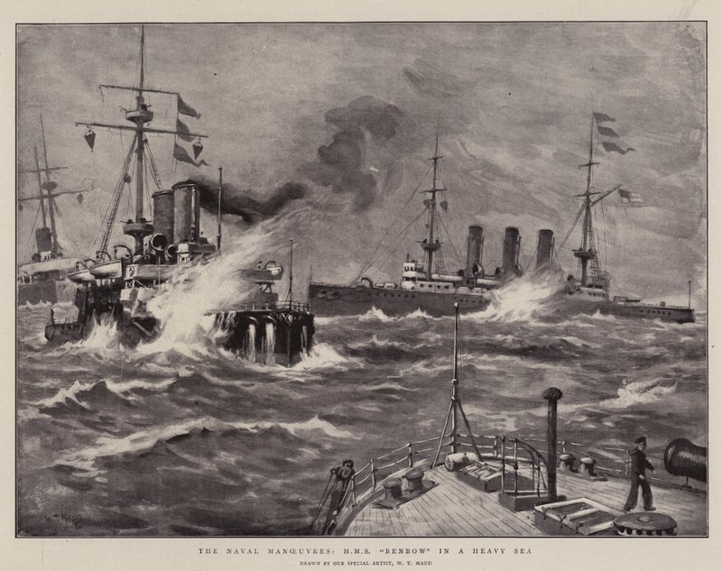 Die Marine-Manöver, H.M.S. Benbow in schwerer See von William T. Maud