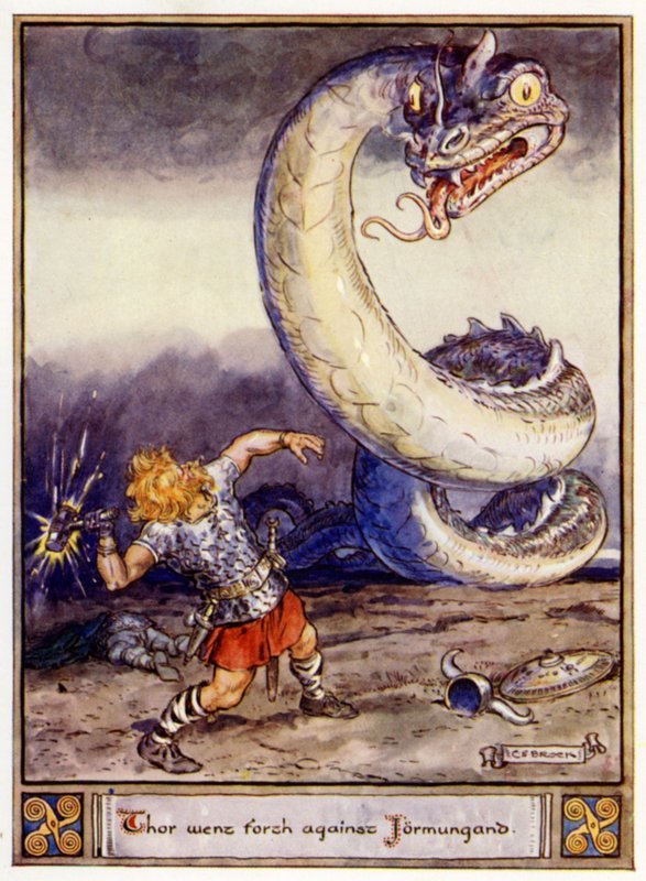 Thor trat gegen Jormungand an von after Charles Edmund Brock