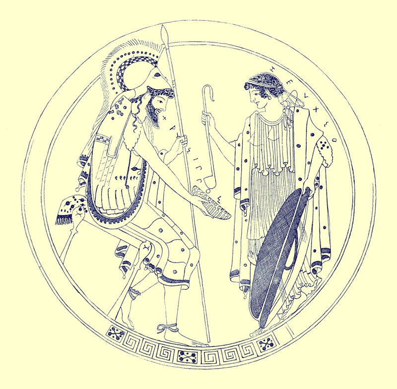 Ein sitzender Krieger hält seinen Weinkelch, Illustration aus Griechische Vasenmalereien von J. E. Harrison und D. S. MacColl, veröffentlicht 1894 von after English School