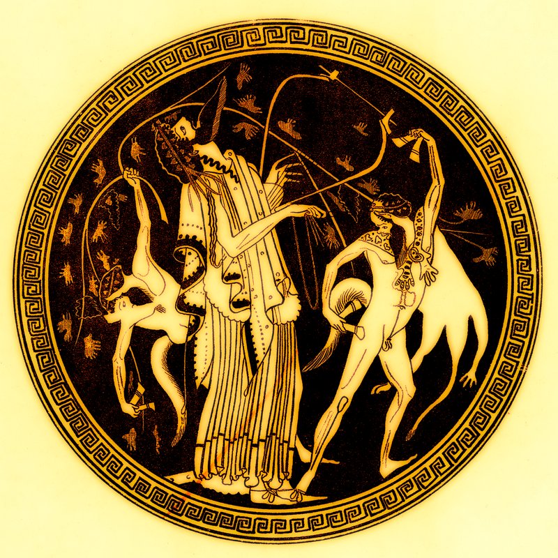 Dionysos und Satyrn, Illustration aus Griechische Vasenmalereien von J. E. Harrison und D. S. MacColl, veröffentlicht 1894 von after English School