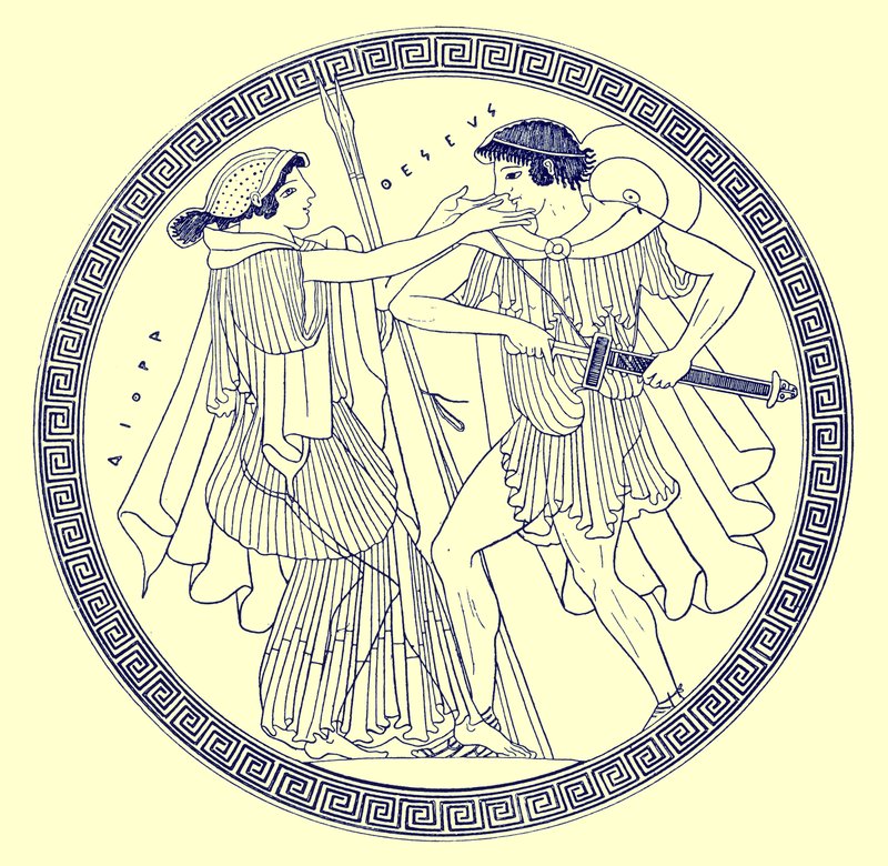 Theseus und Aethra, Illustration aus Griechische Vasenmalereien von J. E. Harrison und D. S. MacColl, veröffentlicht 1894 von after English School