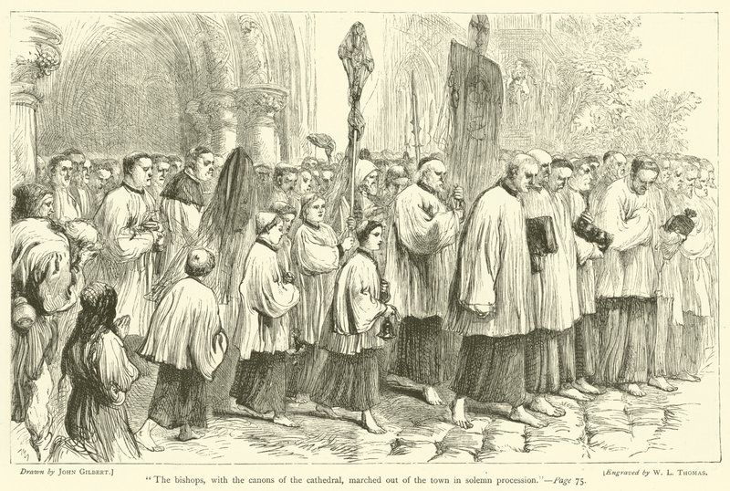 Die Bischöfe, mit den Kanonikern der Kathedrale, marschierten in feierlicher Prozession aus der Stadt von after John Gilbert