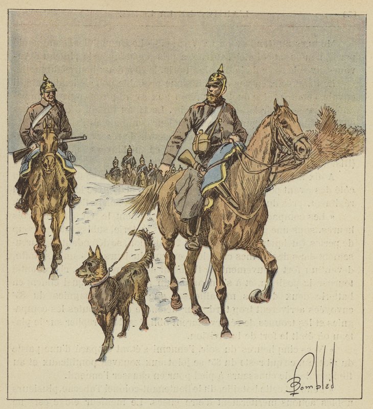 Preußische Kavalleristen auf Erkundung, begleitet von angeleinten Hunden von after Louis Charles Bombled