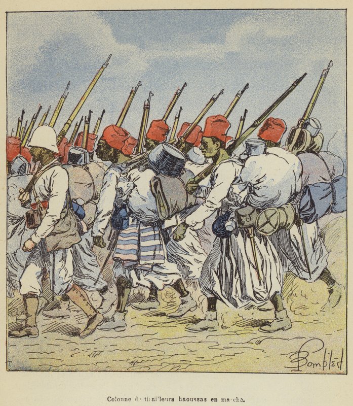 Kolonne marschierender Haussa-Schützen von after Louis Charles Bombled