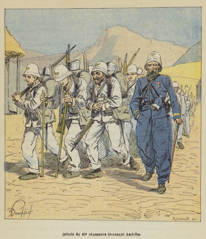 Trümmer des 40. Jägerbataillons evakuieren Andriba von after Louis Charles Bombled