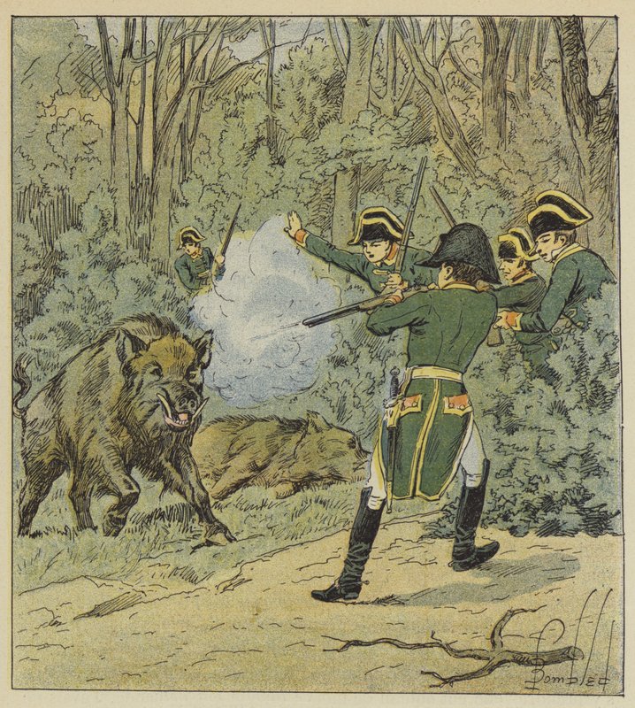 Der Kaiser jagt Wildschweine im Wald von Marly von after Louis Charles Bombled
