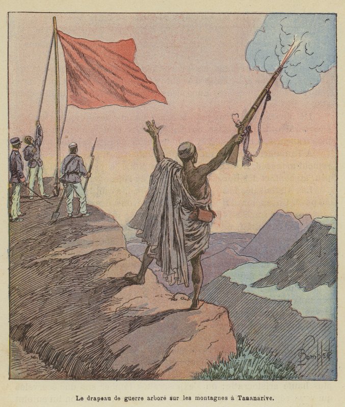 Die Kriegsflagge gehisst auf den Bergen in Tananarive von after Louis Charles Bombled