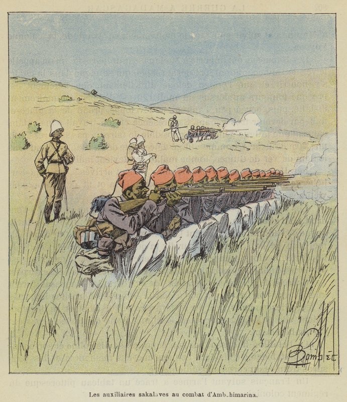 Die Sakalava-Hilfstruppen in der Schlacht von Ambohimarina von after Louis Charles Bombled