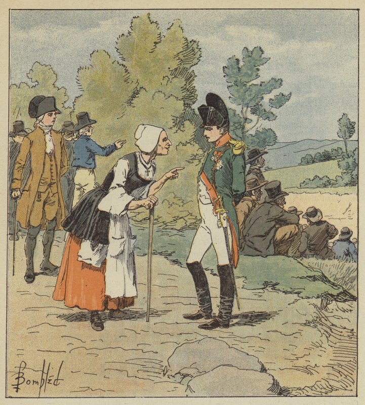 Napoleon unterhält sich mit einer alten Frau aus Tarare von after Louis Charles Bombled