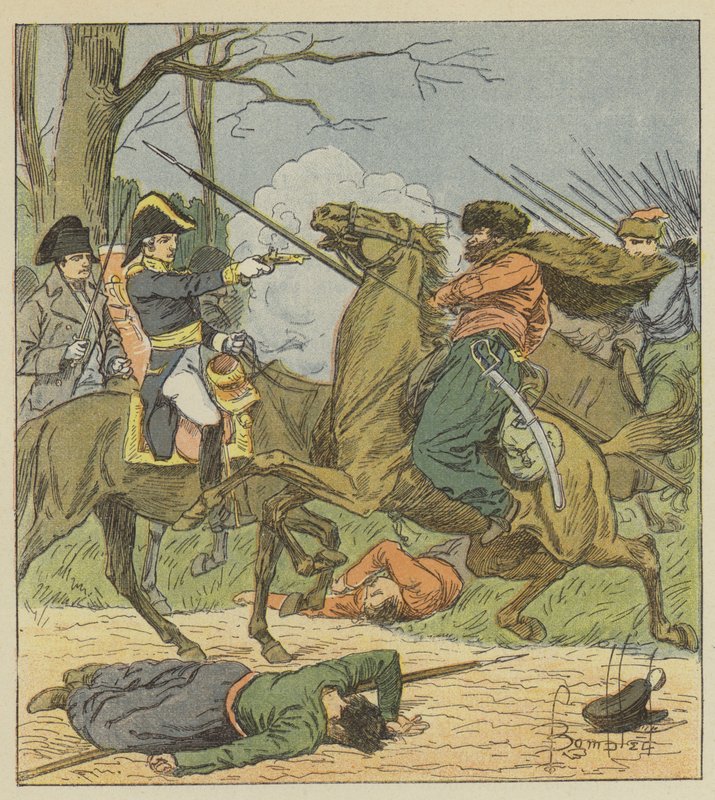 Napoleon überrascht in Brienne von den Kosaken von after Louis Charles Bombled