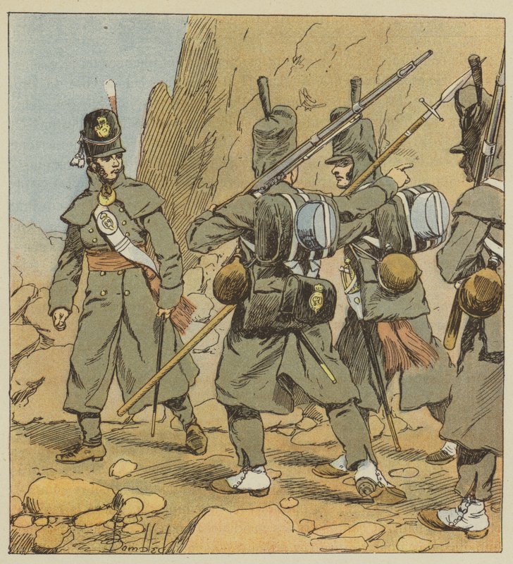 Englische Soldaten des 1. Garderegiments zu Fuß, in Marschuniform, Spanien, 1814 von after Louis Charles Bombled