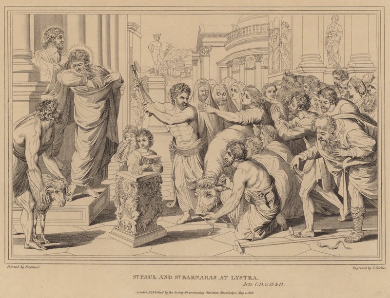 St. Paulus und St. Barnabas in Lystra, Apostelgeschichte von after Raphael