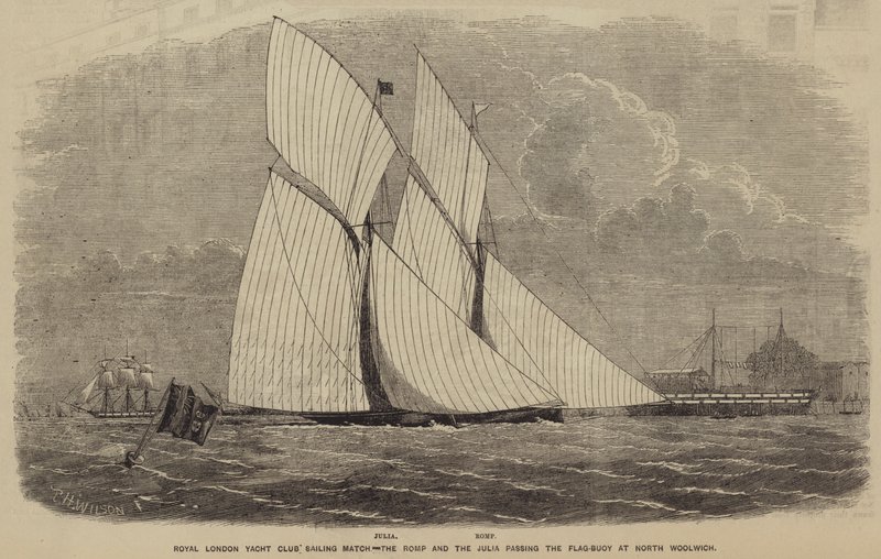 Segelwettbewerb des Royal London Yacht Club, die Romp und die Julia passieren die Flaggenboje in North Woolwich von after Thomas Harrington Wilson