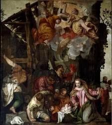Anbetung der Hirten. Gemälde von Paolo Caliari genannt Paolo Veronese (1528-1588), um 1565. Venedig, Basilika der SS. Giovanni e Paolo (San Zanipolo), Kapelle des Rosenkranzes.