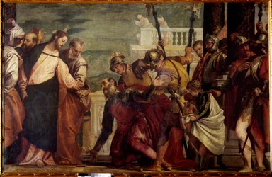 Jesus Christus und der Hauptmann. Der Hauptmann von Kafarnaum bat Jesus, seinen gelähmten Diener zu heilen. Gemälde von Paolo Veronese (1528-1588), 16. Jahrhundert. Maße: 1,92 x 2,97 m. Madrid, Prado-Museum