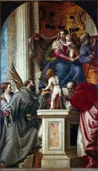 Die Heilige Familie mit Heiligen (Sacra Conversazione bekannt als Pala di San Zaccaria oder Altarbild von St. Zacharias)