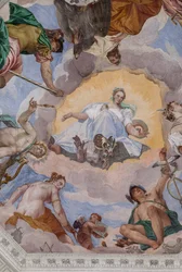 Universelle Harmonie umgeben von Göttern: Zeus mit einem Adler, Mars, Apollo mit der Lyra, Venus, Merkur mit dem Caduceus, Diana mit Hunden und Saturn
