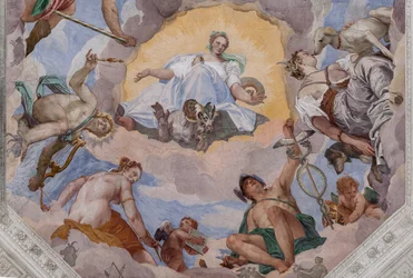Universelle Harmonie umgeben von Göttern: Zeus mit einem Adler, Mars, Apollo mit der Lyra, Venus, Merkur mit dem Caduceus, Diana mit Hunden und Saturn