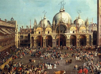 Stierkampf oder Stierjagd auf der Piazza San Marco, von Giovanni Antonio Canal, bekannt als Canaletto und Giovanni Battista Cimaroli