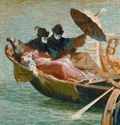 Die Verlobung des Dogen von Venedig mit der Adria: Detail von zwei Figuren mit Maske und Regenschirm auf einer Gondel (Öl auf Leinwand, ca. 1729)