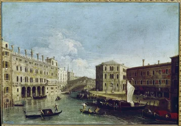 Blick auf den Canal Grande und die Rialto-Brücke, links der Fondaco dei Tedeschi