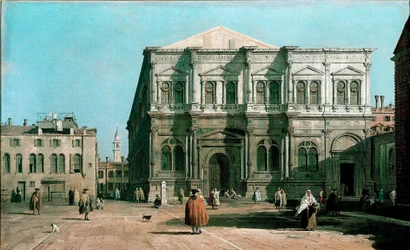 Ansicht der Schule San Rocco (Heiliger Rochus) in Venedig. Gemälde von Giovanni Antonio Canal, bekannt als Canaletto (1697-1768) 1730-1731. Dim. 47x80 cm England, Woburn Abbey
