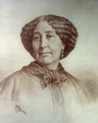 Porträt der Schriftstellerin George Sand (1804-1876) Aurore Dupin, Baronin Dudevant. Zeichnung von Rene Jouhan (1835-?) nach einem Foto von Nadar