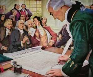 John Hancock (1737-93) unterzeichnet die amerikanische Unabhängigkeitserklärung, 4. Juli 1776