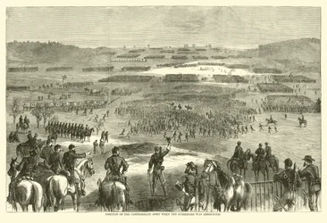 Position der konföderierten Armee, als die Kapitulation verkündet wurde, April 1865 (Gravur)