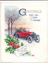 Originalkunstwerk für eine Weihnachtskarte mit einem roten Auto und Stechpalmen, ca. 1951