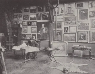 Französischer Maler Alfred Philippe Roll in seinem Atelier