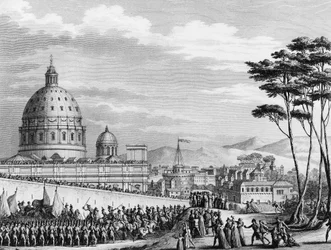 Triumphaler Einzug der Franzosen in Rom im Februar 1798 unter der Führung von General Louis Alexandre Berthier, der die päpstlichen Staaten eroberte und die Stadt Rom am 11. Februar einnahm