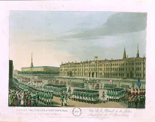 Ansicht der Parade und des Kaiserpalastes in St. Petersburg, Illustration für April aus 