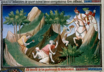 Rubinabbau aus dem Berg Sighinan im Auftrag des Königs von Badakhshan. Miniatur aus Das Buch der Wunder (Devisement of the World, Il Milione) von Marco Polo, illustriert vom Meister von