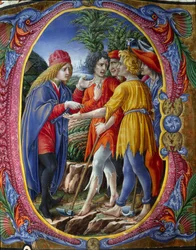 Verzierte Initiale mit der Darstellung des Gleichnisses von den mörderischen Weingärtnern (Evangelium nach dem heiligen Matthäus, Mt 21, 33-43) (Das Gleichnis von den Pächtern). Miniatur von Liberale da Verona (1445-1529) aus einem Chorbuch (Cod. 20/5.