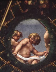 Engel schauen aus einem Fenster - Fresko