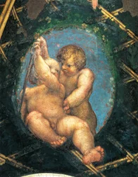 Ovate mit Putten (Detail der Dekoration aus der St. Pauls Kammer oder Äbtissinnenkammer)