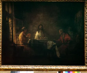 Die Emmauspilger. Christus erscheint den Pilgern, die in einem Gasthaus in Emmaus an einem Tisch sitzen. Gemälde aus der Werkstatt von Harmensz van Rijn, genannt Rembrandt (1606-1669)
