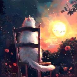 Eine weiße Katze sitzt auf einem alten Holzstuhl und schaut zum Mond