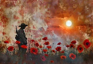 Silhouette eines Soldaten in einem Feld von Mohnblumen