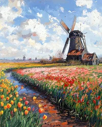Ein mittelalterliches Steinwindmühle in einem blumigen Sumpf am Wasser
