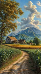 Ein Feldweg schlängelt sich durch ein Maisfeld & Berge, Online-Leinwanddruck