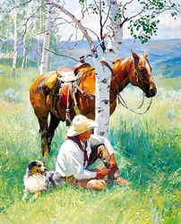 Ein Ritter & sein Hund und Pferd ruhen unter einem Baum, Wanddekoration Ideen