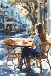 Eine Frau sitzt in einem Café auf einer Straße in Paris, gerahmte Wanddekoration