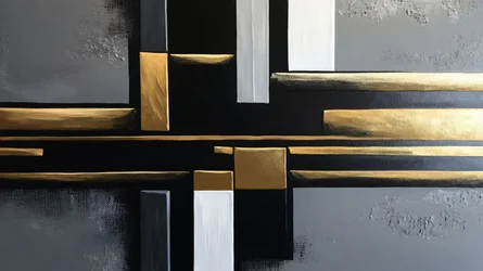 Moderne Kunsttherapie in Schwarz und Gold mit Malerei, große Leinwanddrucke